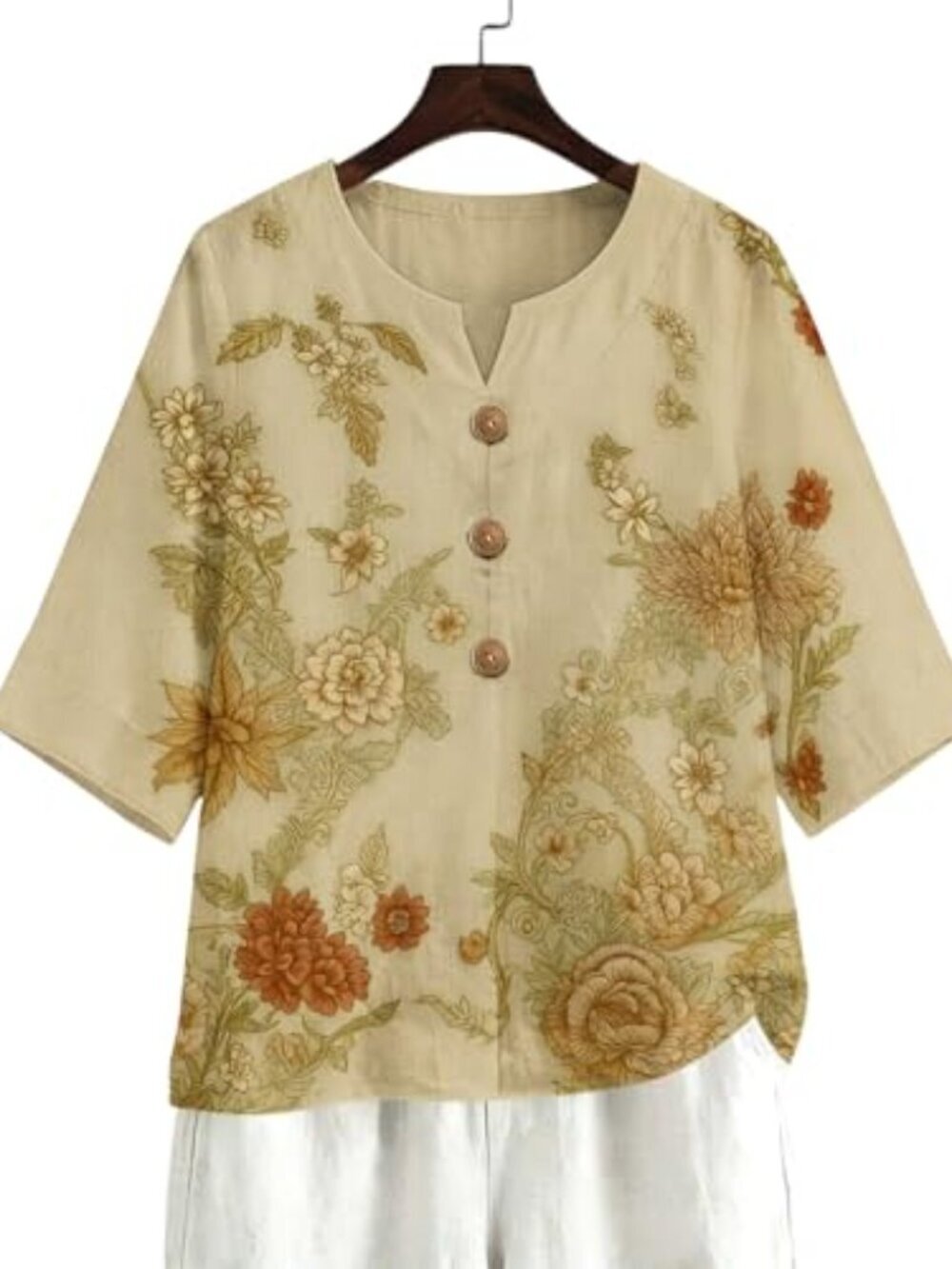 🆕 Women's Cotton Linen Shirts 3/4 Sleeve Summer Blouses V Neck Floral Boho